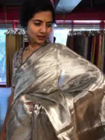 Metallic Silver Brocade Tissue Silk Saree - Image 7