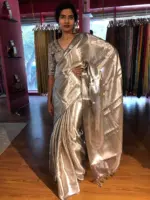 Metallic Silver Brocade Tissue Silk Saree - Image 2