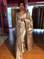 Metallic Silver Brocade Tissue Silk Saree - Image 5