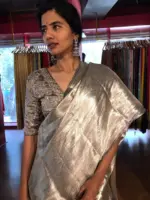 Metallic Silver Brocade Tissue Silk Saree - Image 3