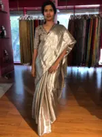 Metallic Silver Brocade Tissue Silk Saree - Image 4