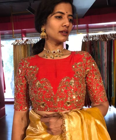 Red Raw Silk Blouse with Intricate Embroidery