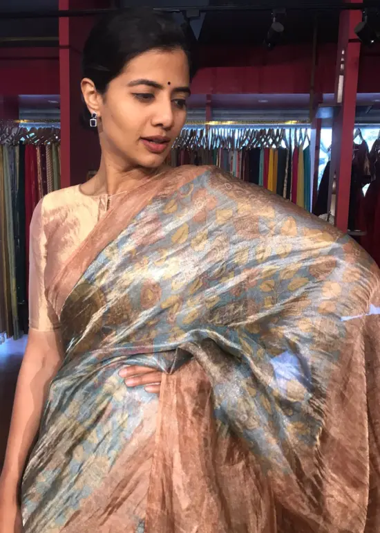 Blue Tissue Silk Saree with Beautiful Kalamkari Prints