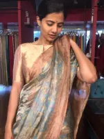 Blue Tissue Silk Saree with Beautiful Kalamkari Prints - Image 4