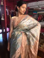 Blue Tissue Silk Saree with Beautiful Kalamkari Prints - Image 6