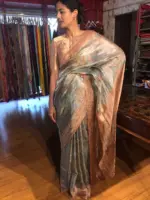 Blue Tissue Silk Saree with Beautiful Kalamkari Prints - Image 7
