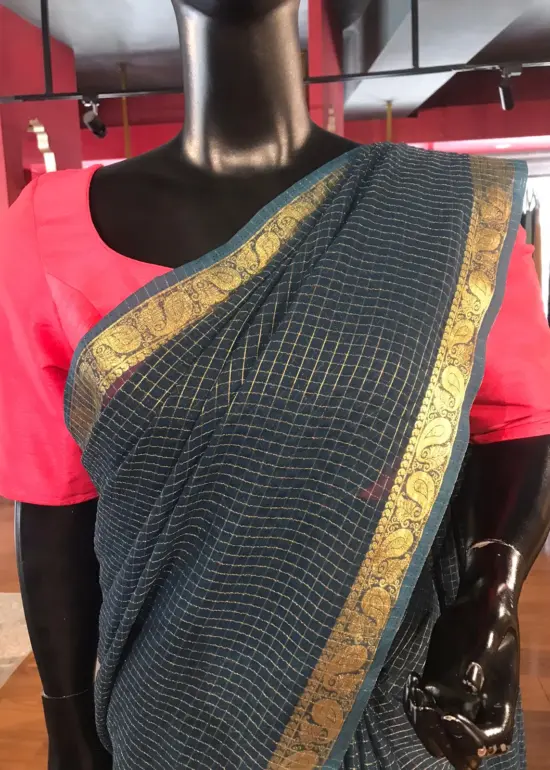 Navy Blue Chequered Chiffon Saree