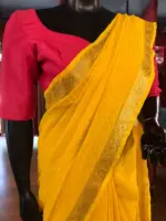 Lemon Yellow Chequered Chiffon Saree - Image 3