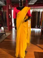 Lemon Yellow Chequered Chiffon Saree - Image 2