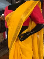 Lemon Yellow Chequered Chiffon Saree - Image 4