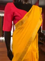 Lemon Yellow Chequered Chiffon Saree - Image 6