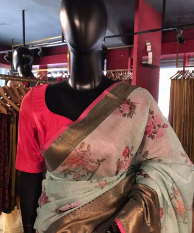 Sea Blue Printed Chanderi Silk Saree