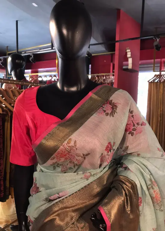 Sea Blue Printed Chanderi Silk Saree