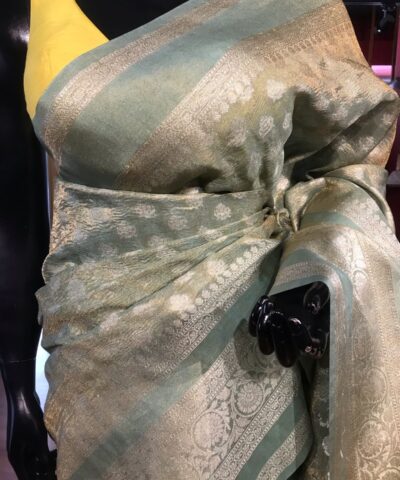 Blue Crushed Tissue Silk Saree with Silver Zari Buttis