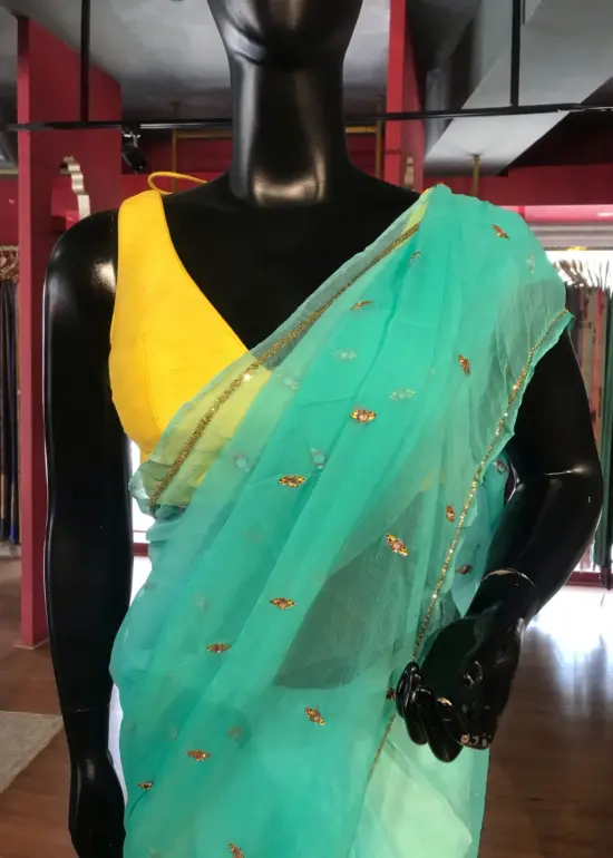 Blue Chiffon Silk Saree with Mirror work
