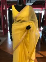 Yellow Organza Silk Saree with Badla Work - Image 3