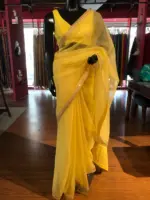 Yellow Organza Silk Saree with Badla Work - Image 2