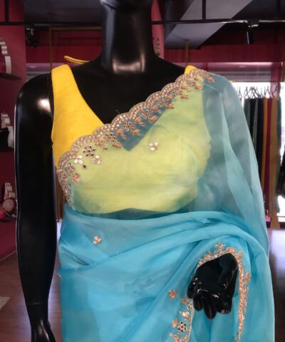 Blue Organza Silk Saree with embroidery Work