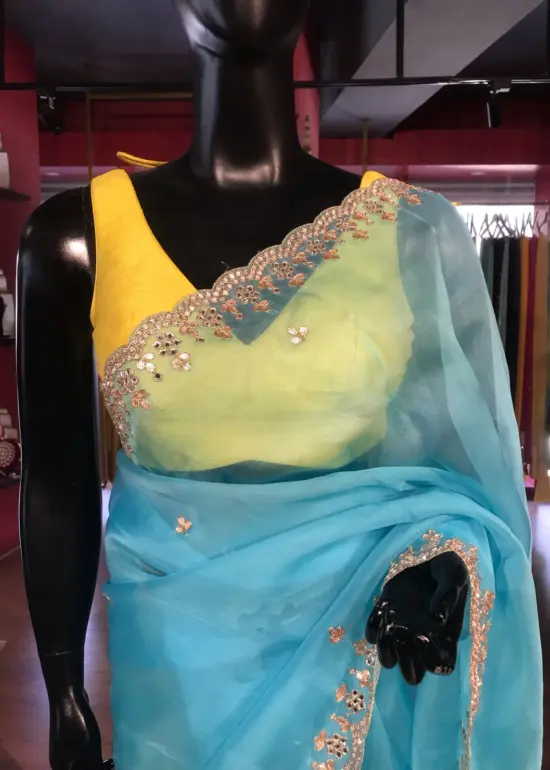 Blue Organza Silk Saree with embroidery Work