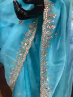 Blue Organza Silk Saree with embroidery Work - Image 4