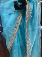 Blue Organza Silk Saree with embroidery Work - Image 5