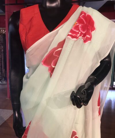 Sea green Handpainted Viscose Organza Saree