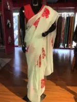 Sea green Handpainted Viscose Organza Saree - Image 6