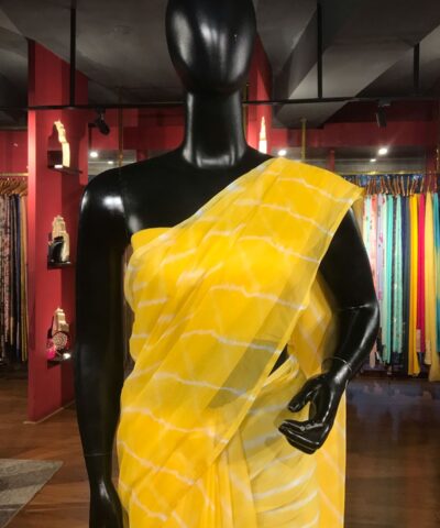 Yellow Block Printed Chiffon Saree
