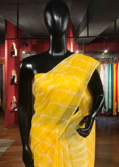 Yellow Block Printed Chiffon Saree