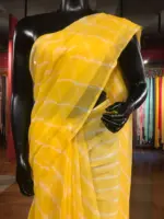 Yellow Block Printed Chiffon Saree - Image 3