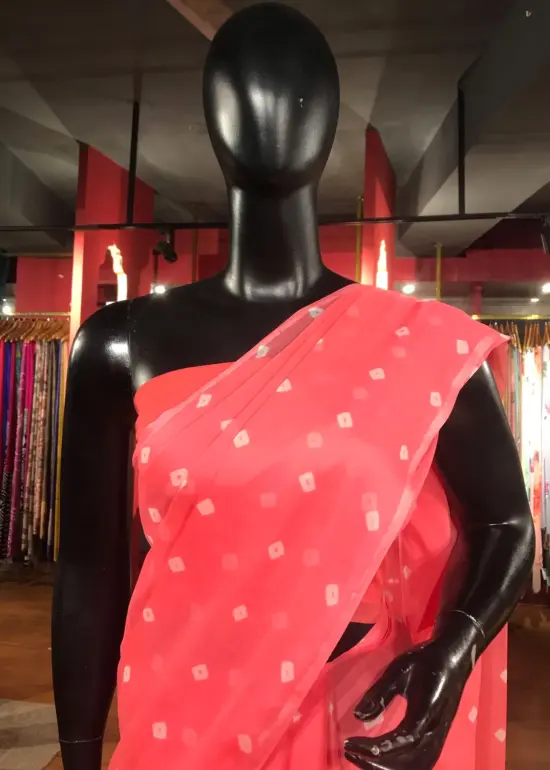 Pink Block Printed Chiffon Saree