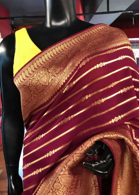 Wine Banarasi Georgette Saree with Gold Zari Weaves
