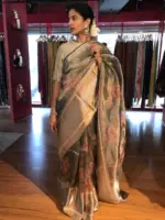Sea Green Printed Tissue Silk Saree - Image 6