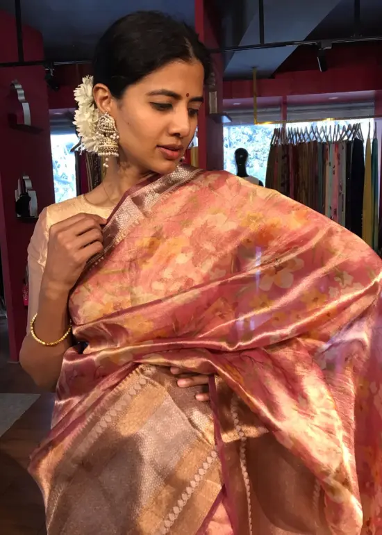 Pink Printed Tissue Silk Saree