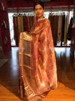 Pink Printed Tissue Silk Saree - Image 8