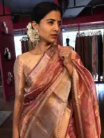 Pink Printed Tissue Silk Saree - Image 5