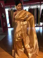 Mustard Yellow Printed Tissue Silk Saree - Image 9
