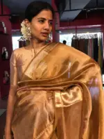 Mustard Yellow Printed Tissue Silk Saree