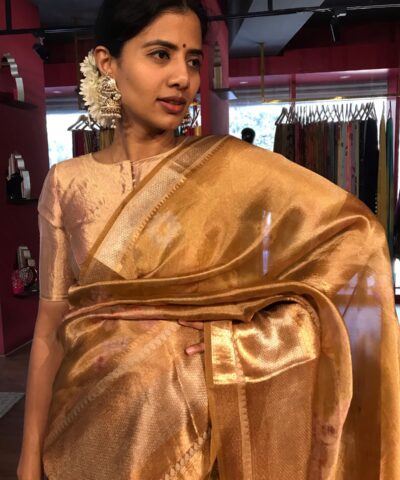 Mustard Yellow Printed Tissue Silk Saree