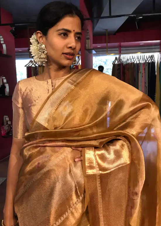 Mustard Yellow Printed Tissue Silk Saree
