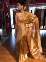 Mustard Yellow Printed Tissue Silk Saree - Image 2
