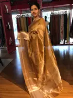 Mustard Yellow Printed Tissue Silk Saree - Image 7