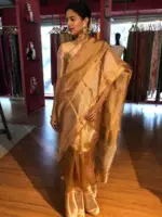 Mustard Yellow Printed Tissue Silk Saree - Image 5