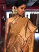 Mustard Yellow Printed Tissue Silk Saree - Image 6