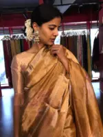 Mustard Yellow Printed Tissue Silk Saree - Image 3