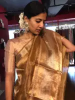 Mustard Yellow Printed Tissue Silk Saree - Image 4