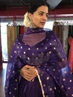 Purple Organza Silk Dupatta with Gold Zari Buttis