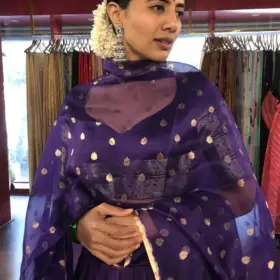 Purple Organza Silk Dupatta with Gold Zari Buttis