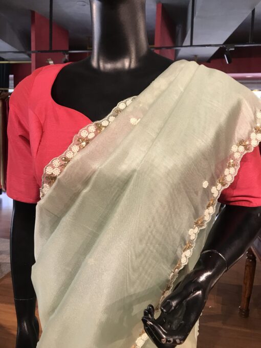 Sea Green Organza Saree with Sequins - Image 3