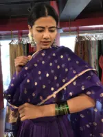 Purple Organza Silk Dupatta with Gold Zari Buttis - Image 3